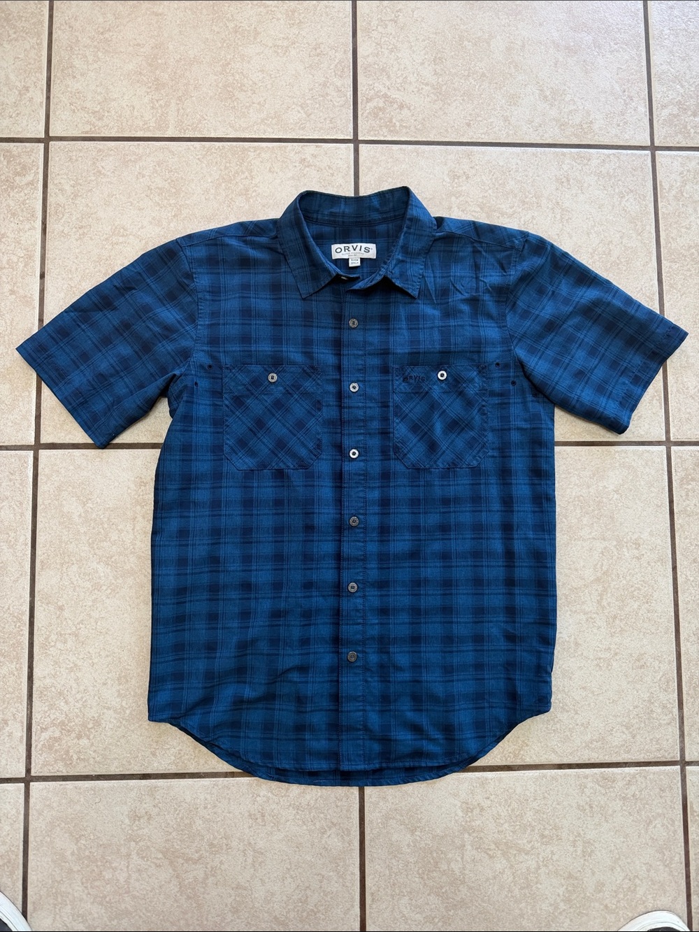 Orvis Men’s Navy and Black Plaid Short-Sleeve Button-Down Shirt